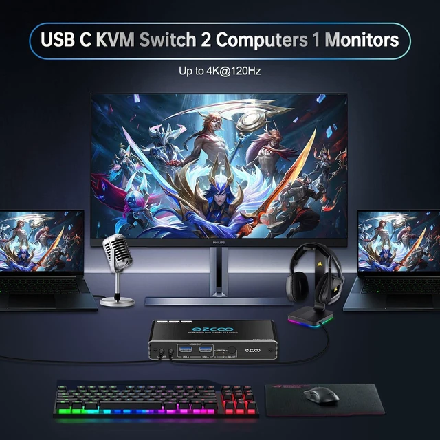 Alt view image 7 of 10 - 4K@120Hz USB-C HDMI2.1 KVM Switch for 2 Laptops with 2 USB 2.0 Ports L/R MIC Out Share 1 Monitors Keyboard Mouse Hard Drive Printer