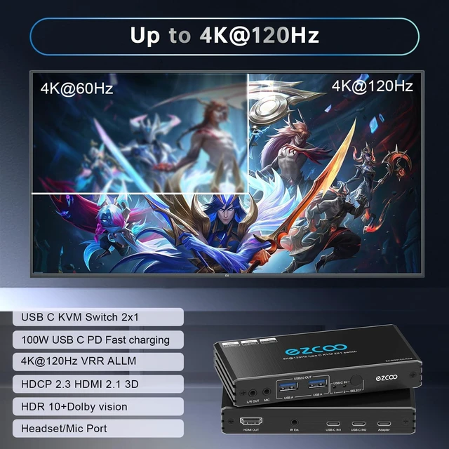 Alt view image 8 of 10 - 4K@120Hz USB-C HDMI2.1 KVM Switch for 2 Laptops with 2 USB 2.0 Ports L/R MIC Out Share 1 Monitors Keyboard Mouse Hard Drive Printer
