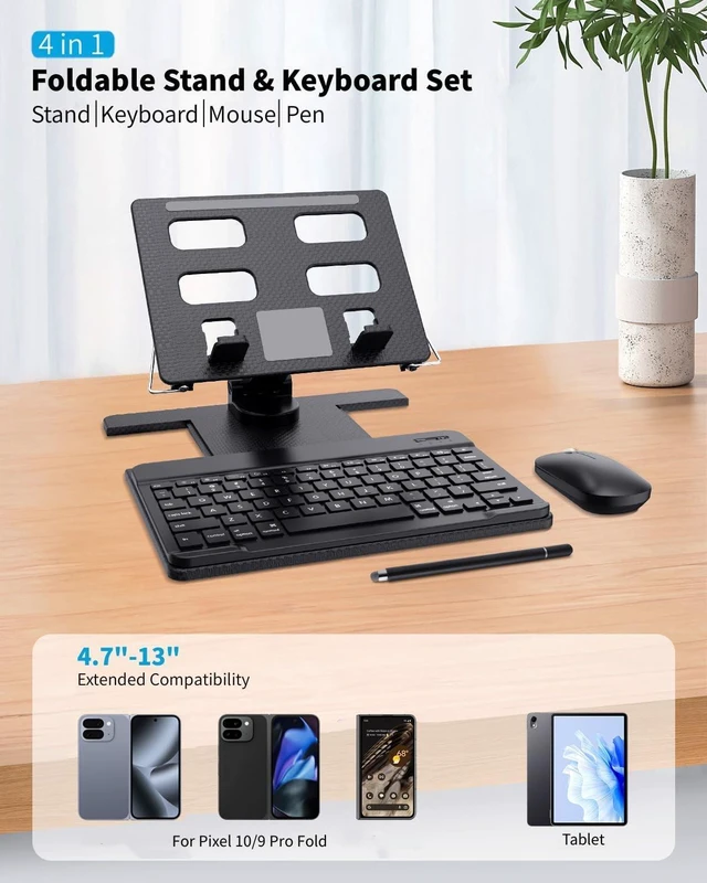 Alt view image 7 of 10 - Desk Stand and Bluetooth Keyboard Combo for Google Pixel 10 9 Pro Fold, 4 in 1 Set Include Mouse Pen, Adjustable Foldable Stand Holder Fits for 4.7"-13" Smartphones Tablet