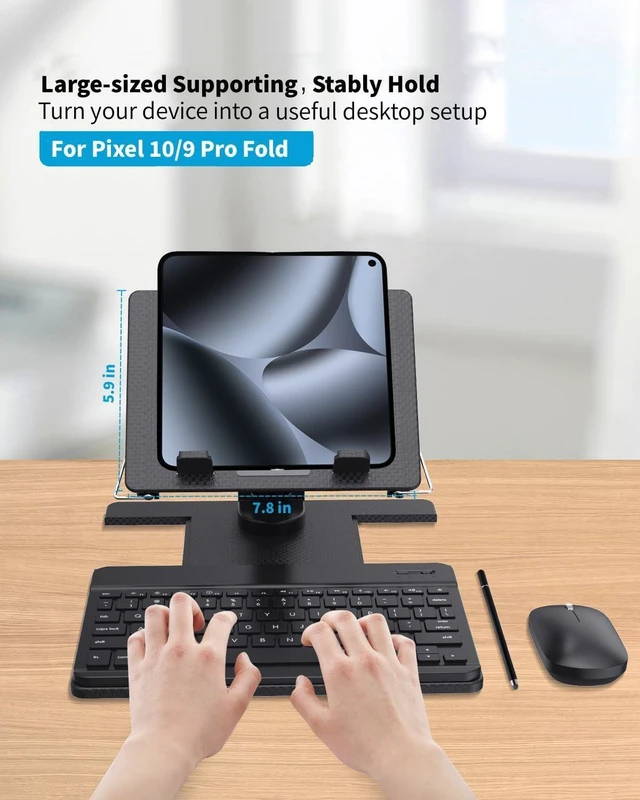 Alt view image 8 of 10 - Desk Stand and Bluetooth Keyboard Combo for Google Pixel 10 9 Pro Fold, 4 in 1 Set Include Mouse Pen, Adjustable Foldable Stand Holder Fits for 4.7"-13" Smartphones Tablet