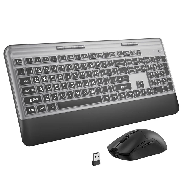 Alt view image 11 of 12 - KOPJIPPOM Silent Wireless Keyboard and Mouse Combo - Keyboard with Large Print Cover, 2.4GHz Full-Sized Ergonomic Keyboard with Wrist Rest and Mouse for Laptop, PC, Notebook, Desktop