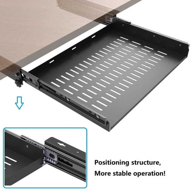 Alt view image 8 of 10 - JINGCHENGMEI Sliding Under Desk Laptop Mount Shelf with Air Vents, W 16.3" x D 12" Metal Under Desk Slide Out Tray for Laptop (16 Inch Wide)