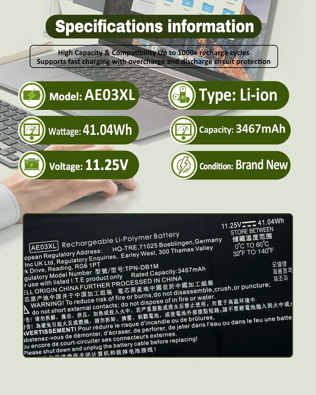 Alt view image 9 of 10 - bossfulton 41.04Wh AE03XL N21969-005 Battery Replacement for HP 240 245 246 250 G10 255 Series Notebook - N20951-171 N20951-CC1-11.25V 3467mAh 3-Cell
