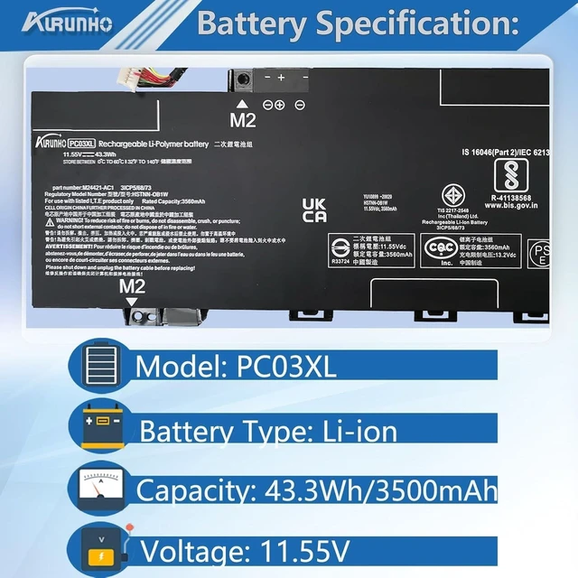 Alt view image 7 of 10 - AURUNHO PC03XL Laptop Battery Replacement for HP Pavilion x360 14 Convertible PC 14-DW 14-DY 14-DH 14-BA 14-CD 15-ER Series M24648-005 HSTNN-OB1W M24421-271 M24421-AC1 11.55V