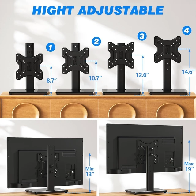 Alt view image 9 of 10 - Rfiver Universal Swivel Tabletop TV Stand for Flat Screens 23 24 26 32 39 40 42 43 Inch, Heavy Duty Center Pedestal Stand Replacement with Black Tempered Glass Base and Height Adjustable Mount
