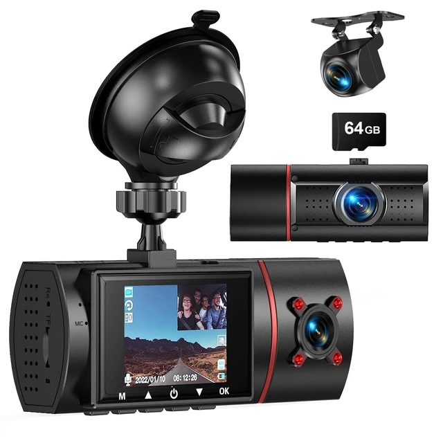 Alt view image 6 of 10 - Dash Cam Front Rear and Inside, 3 Channel Dual Dash Camera for Cars W/ 64GB Card,1080P Dashcam Front with Night Vision,Loop Recording,G-Sensor,24H Park Monitor