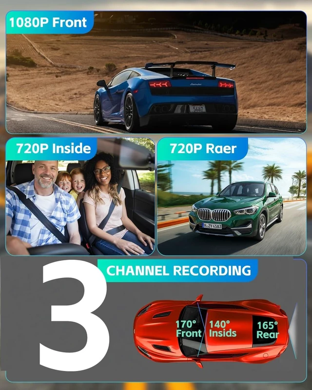 Alt view image 7 of 10 - Dash Cam Front Rear and Inside, 3 Channel Dual Dash Camera for Cars W/ 64GB Card,1080P Dashcam Front with Night Vision,Loop Recording,G-Sensor,24H Park Monitor