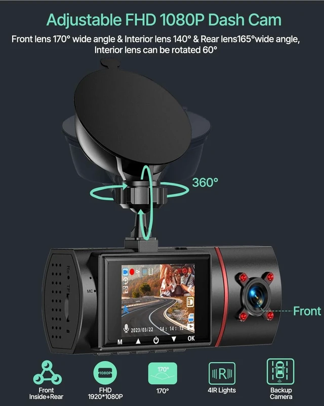 Alt view image 9 of 10 - Dash Cam Front Rear and Inside, 3 Channel Dual Dash Camera for Cars W/ 64GB Card,1080P Dashcam Front with Night Vision,Loop Recording,G-Sensor,24H Park Monitor