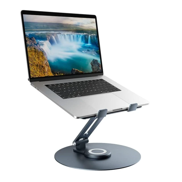 Alt view image 6 of 10 - Swivel Laptop Stand for Desk, Adjustable Height Aluminum Computer Stand with 360 Rotating Base, Foldable Ergonomic Riser, Portable Laptop Holder Compatible with MacBook, All Laptops 10-17'', Grey