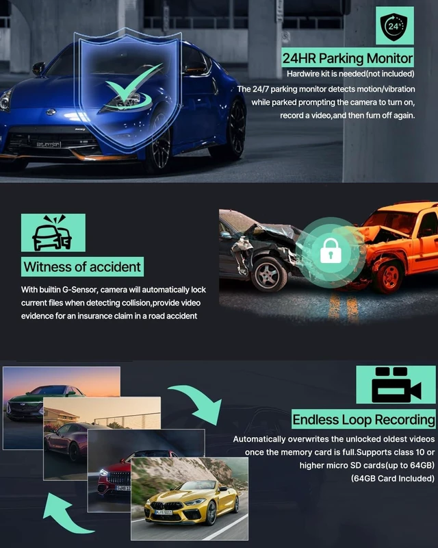 Alt view image 8 of 10 - Dash Cam Front Rear and Inside, 3 Channel Dual Dash Camera for Cars W/ 64GB Card,1080P Dashcam Front with Night Vision,Loop Recording,G-Sensor,24H Park Monitor