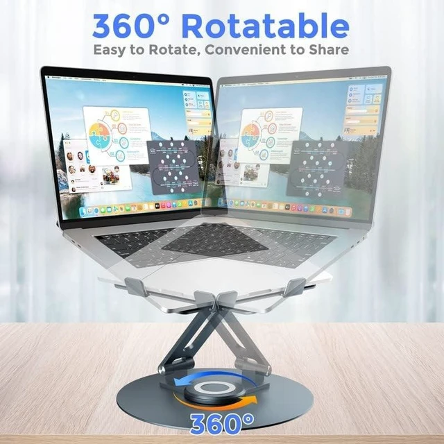 Alt view image 7 of 10 - Swivel Laptop Stand for Desk, Adjustable Height Aluminum Computer Stand with 360 Rotating Base, Foldable Ergonomic Riser, Portable Laptop Holder Compatible with MacBook, All Laptops 10-17'', Grey