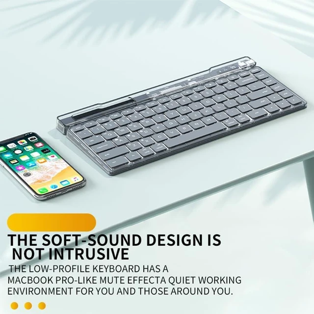 Alt view image 9 of 10 - JOMAA Transparent Wireless Keyboard with Bluetooth & 2.4G, Silent Scissor-Key Rechargeable Keyboard with Phone Tablet Stand Holder, Ergonomic Design for PC Laptop Desktop Mac Tablet (Black)