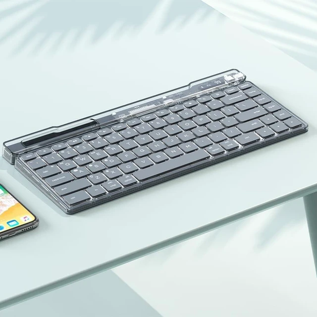 Alt view image 10 of 10 - JOMAA Transparent Wireless Keyboard with Bluetooth & 2.4G, Silent Scissor-Key Rechargeable Keyboard with Phone Tablet Stand Holder, Ergonomic Design for PC Laptop Desktop Mac Tablet (Black)