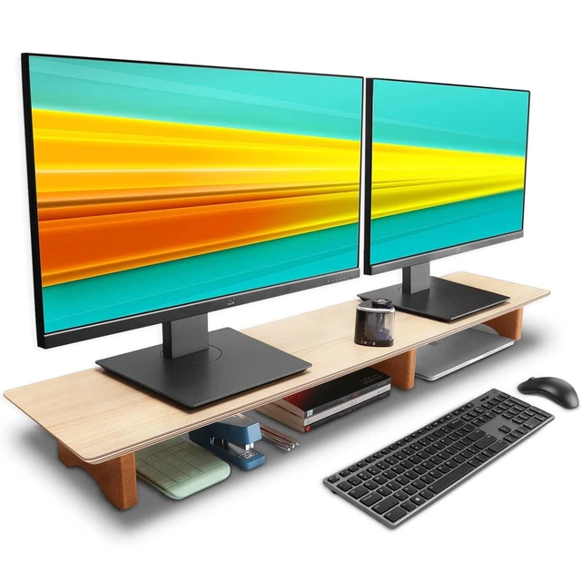 Alt view image 6 of 10 - Aothia Large Dual Monitor Stand Riser, Solid Wood Desk Shelf with Eco Cork Legs for Laptop Computer/TV/PC/Printers, Perfect Desktop Stands Organizer with Underneath Storage for Office Accessories