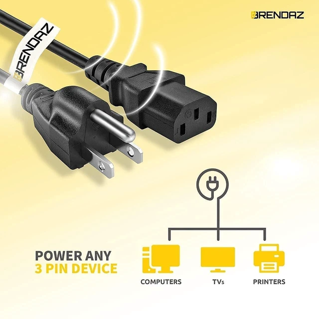 Alt view image 7 of 10 - 15ft. Universal PC Power Cord - 5 Pack- 3 Prong AC Power Cable Replacement for Computer, Monitor, Scanner, Printer - IEC 320 C13 to NEMA 5-15P, 18awg, 125V 10 Amp (15-Feet)