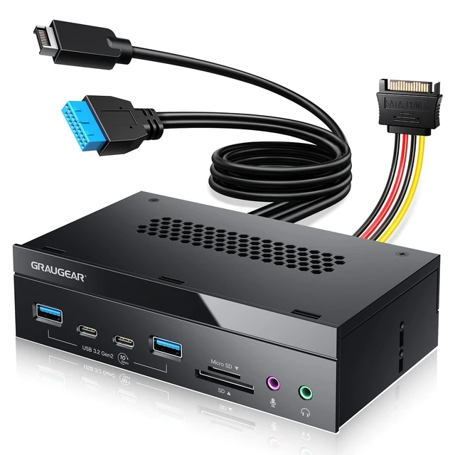 Alt view image 6 of 10 - GRAUGEAR 5.25 Inch 10Gbps USB 3.2 PC Front Panel Card Reader with Audio Ports, SD/microSD Internal Card Reader, USB3.2 Type-E Key-A 20-Pin Header & USB3.0 Header & 15-Pin SATA Power Connector Required