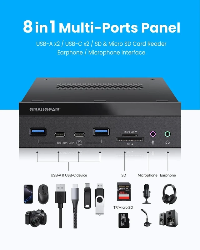 Alt view image 10 of 10 - GRAUGEAR 5.25 Inch 10Gbps USB 3.2 PC Front Panel Card Reader with Audio Ports, SD/microSD Internal Card Reader, USB3.2 Type-E Key-A 20-Pin Header & USB3.0 Header & 15-Pin SATA Power Connector Required
