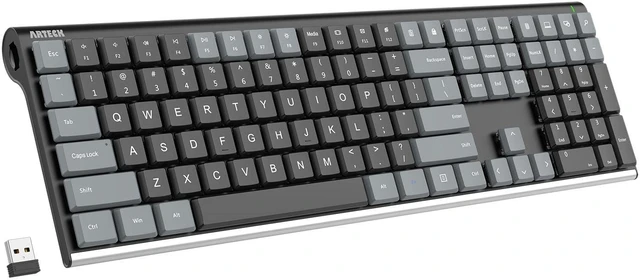 Alt view image 6 of 10 - Arteck Mechanical 2.4G USB Wireless Performance Keyboard, Tacktile Quiet Brown Switches, Stainless Steel Low Profile for PC/Desktop/Laptop/TV and Windows 11/10 Built in Rechargeable Battery Gray