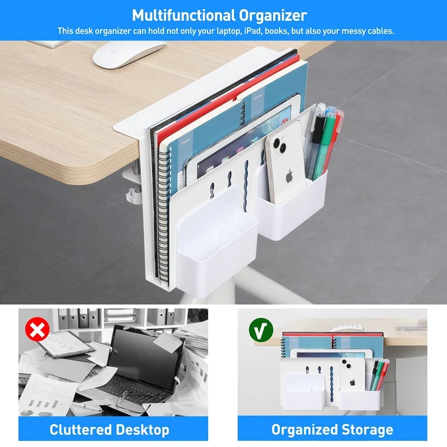 Alt view image 8 of 10 - MAXECHO Desk Side Storage, Under Desk Laptop Mount, Table Side Hanging File Organizer, No Drill Clamp On Cable Management Tray, Laptop Holder with Magnetic Pen Holder for Office and Home, Load 22 Lbs