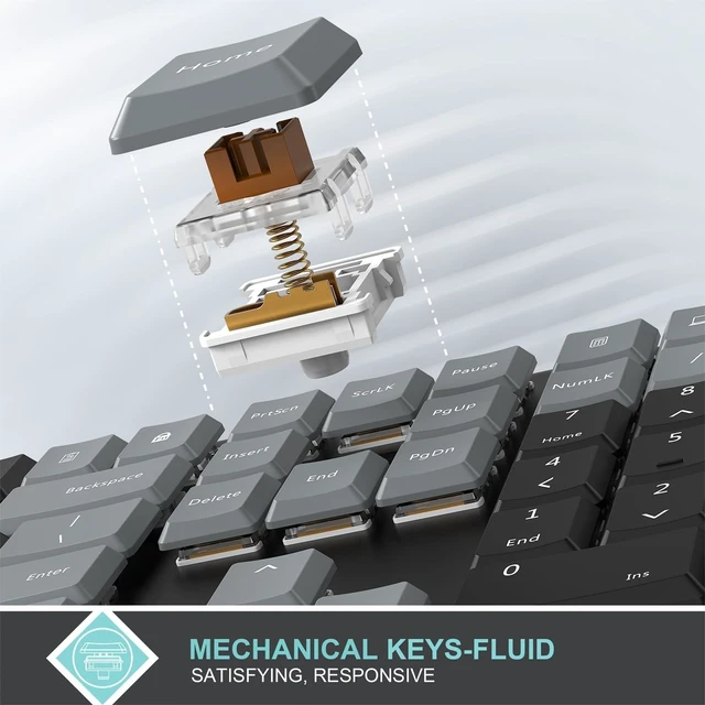 Alt view image 7 of 10 - Arteck Mechanical 2.4G USB Wireless Performance Keyboard, Tacktile Quiet Brown Switches, Stainless Steel Low Profile for PC/Desktop/Laptop/TV and Windows 11/10 Built in Rechargeable Battery Gray