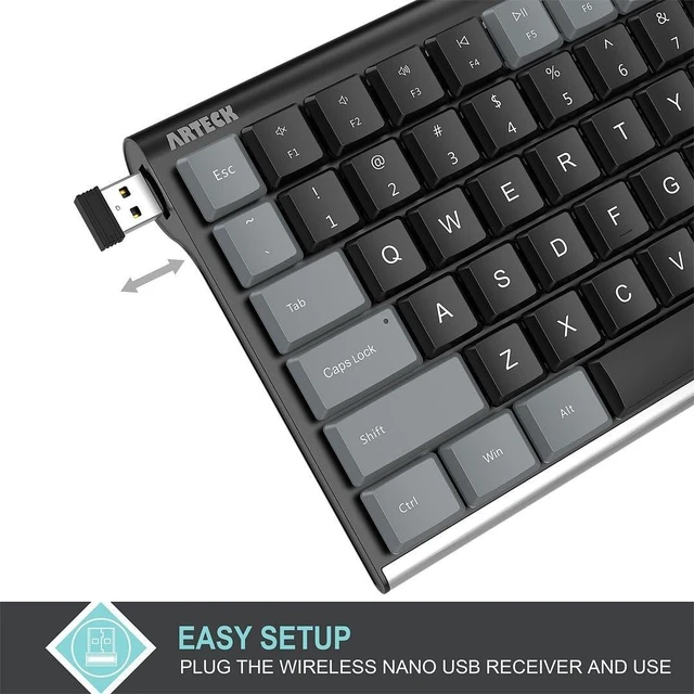 Alt view image 10 of 10 - Arteck Mechanical 2.4G USB Wireless Performance Keyboard, Tacktile Quiet Brown Switches, Stainless Steel Low Profile for PC/Desktop/Laptop/TV and Windows 11/10 Built in Rechargeable Battery Gray