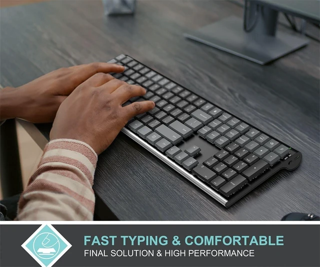 Alt view image 9 of 10 - Arteck Mechanical 2.4G USB Wireless Performance Keyboard, Tacktile Quiet Brown Switches, Stainless Steel Low Profile for PC/Desktop/Laptop/TV and Windows 11/10 Built in Rechargeable Battery Gray