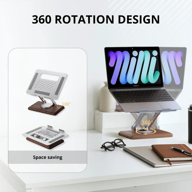 Alt view image 8 of 10 - muso wood Laptop Stand for Desk, Laptop Riser with 360 Rotating Walnut Base, Adjustable Laptop Stand, Ergonomic Wooden Laptop Ventilated Stand for 10 to 17.3 Inches Notebook PC Computer