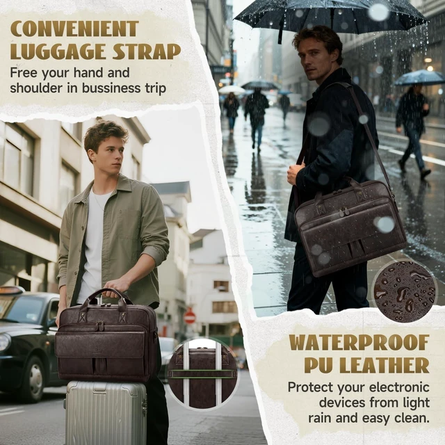 Alt view image 10 of 10 - RAINSMORE Mens Laptop Bag PU Leather Messenger Bag 15.6 Inch Briefcase for Men Vintage Computer Satchel Shoulder Bag for Work, Business,Travel, Office, Coffee