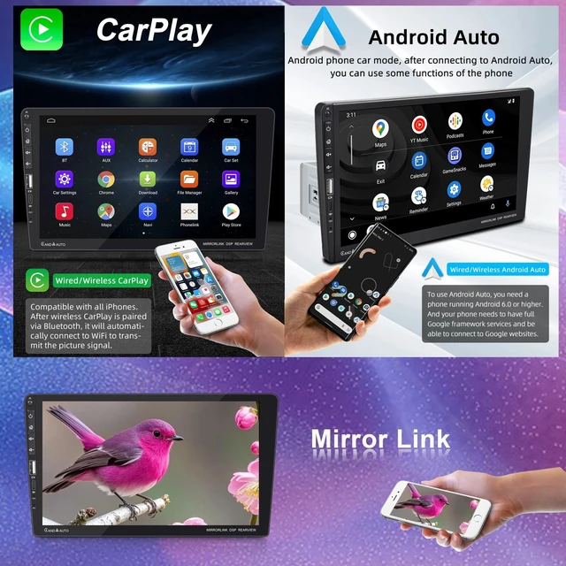 Alt view image 7 of 10 - 9 Inch Single DIN Car Stereo with Wireless Apple CarPlay Android Auto, Car Radio, 9" IPS Capacitance Touchscreen, Bluetooth 5.2, FM Receiver, Backup Camera,USB/Type-C, subwoofer, Apple Car Play