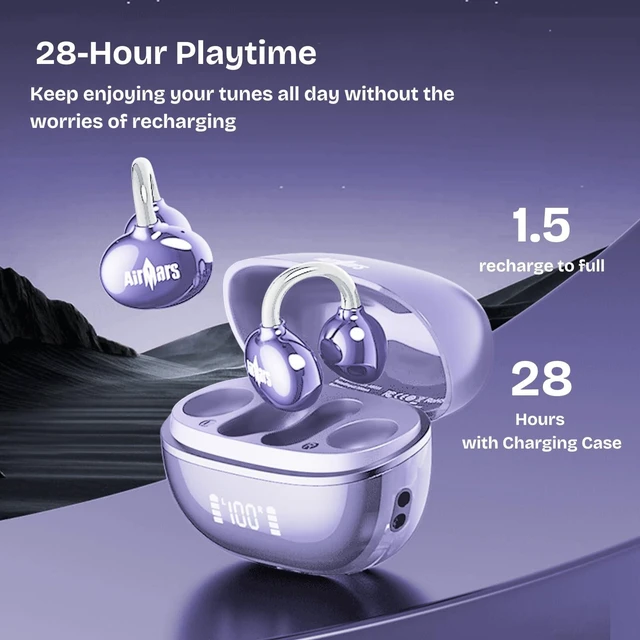 Alt view image 8 of 10 - AIRMARS ABO16 Clip On Earbuds, Lightweight Open Ear Clip Wireless Earbuds, Bluetooth 5.4, Hi-Fi Stereo, 28-Hour Battery, LED Display, for Running, Workouts (Purple)