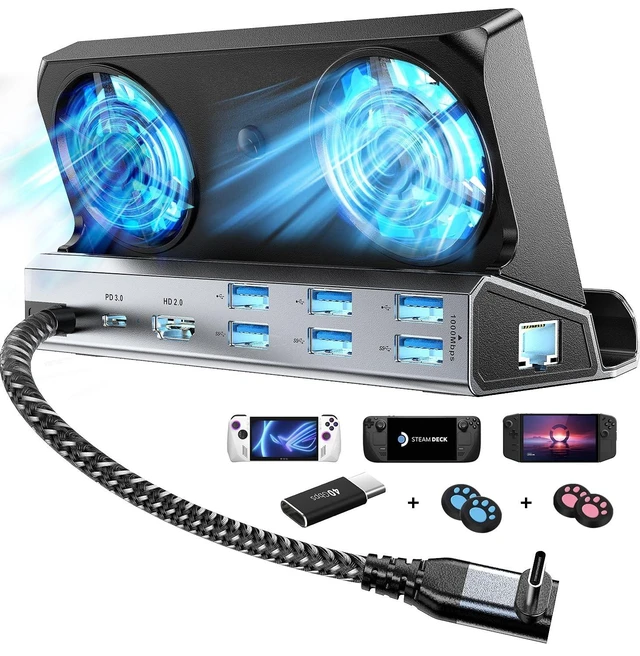 Alt view image 6 of 10 - 12-in-1 Steam Deck Docking Station for Steam Deck/Rog Ally/Switch/Legion Go Dual Cooling Fans 4K@60Hz,6 USB Ports,1000Mbps,Type C 100W PD 40Gbps Adapter