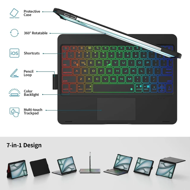 Alt view image 9 of 10 - Mollenmell TouchPad Keyboard Case for iPad 10th Generation&iPad 11th(A16,2025),iPad Air 11M3,M2/iPad Pro 11 inch Keyboard360Swivel,7 Use Modes,Rainbow Backlight (Bright Purple)