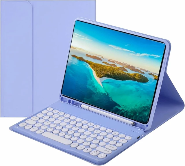 Alt view image 6 of 10 - NUWONAYA Keyboard Case for Galaxy-Tab A8 10.5inch,Slim Round Key Cute Candy Color Stand Cover with S Pen Holder,Magnetic Detachable Wireless Keyboard,Purple