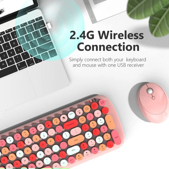 Alt view image 8 of 10 - KNOWSQT Wireless Keyboard and Mouse Combo, Light Pink 100 Keys 2.4 GHz Round Keycap Typewriter Keyboards, USB Receiver Plug and Play, for Windows, PC, Laptop, Mac, Desktop