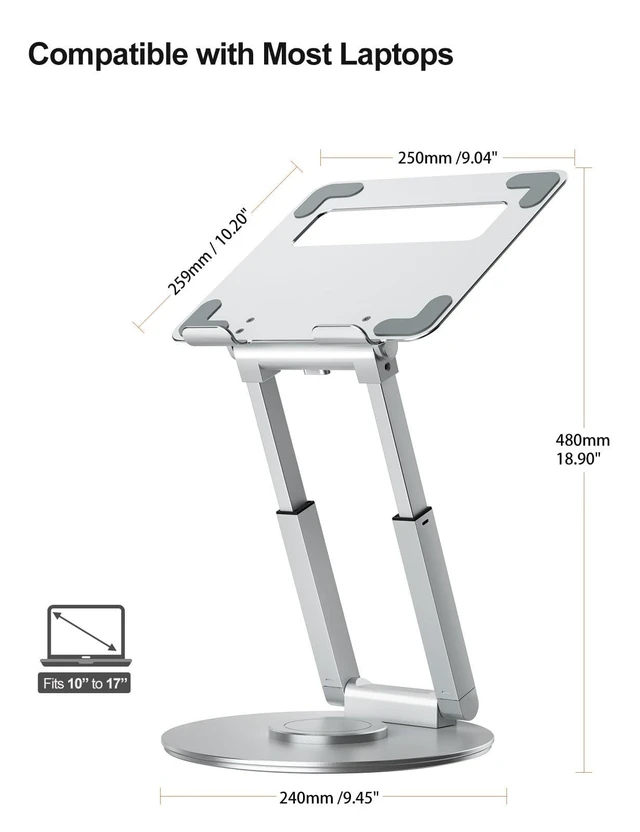 Alt view image 9 of 10 - tounee Telescopic Laptop Stand for Desk with 360 Swivel Base, Sit to Stand, Height Adjustable, Portable Riser Holder for Good Posture, Compatible with All Laptops 10-17"-Silver