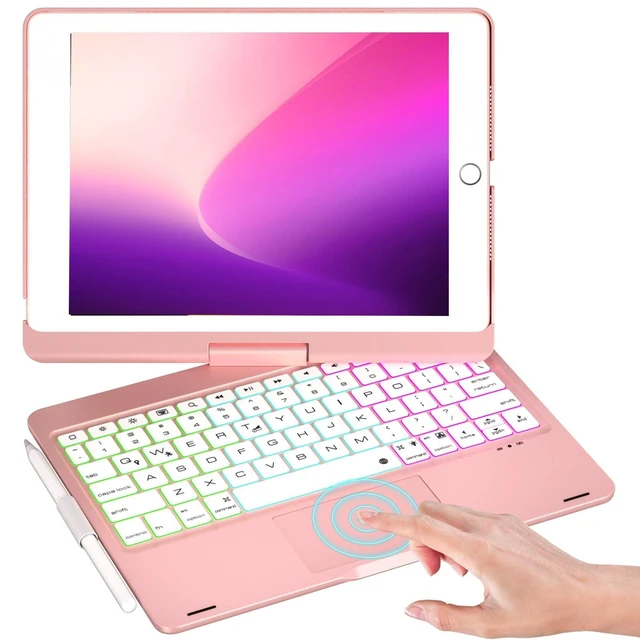 Alt view image 6 of 10 - NOKBABO iPad 9th Generation Case with Keyboard, 360 Rotatable Touchpad and 7 Color Backlight & Pencil Holder for iPad 9th/8th/7th Gen 10.2 inch & iPad Air 3rd Gen/iPad Pro 10.5 inch - Pink Gold