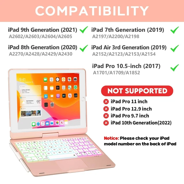 Alt view image 7 of 10 - NOKBABO iPad 9th Generation Case with Keyboard, 360 Rotatable Touchpad and 7 Color Backlight & Pencil Holder for iPad 9th/8th/7th Gen 10.2 inch & iPad Air 3rd Gen/iPad Pro 10.5 inch - Pink Gold