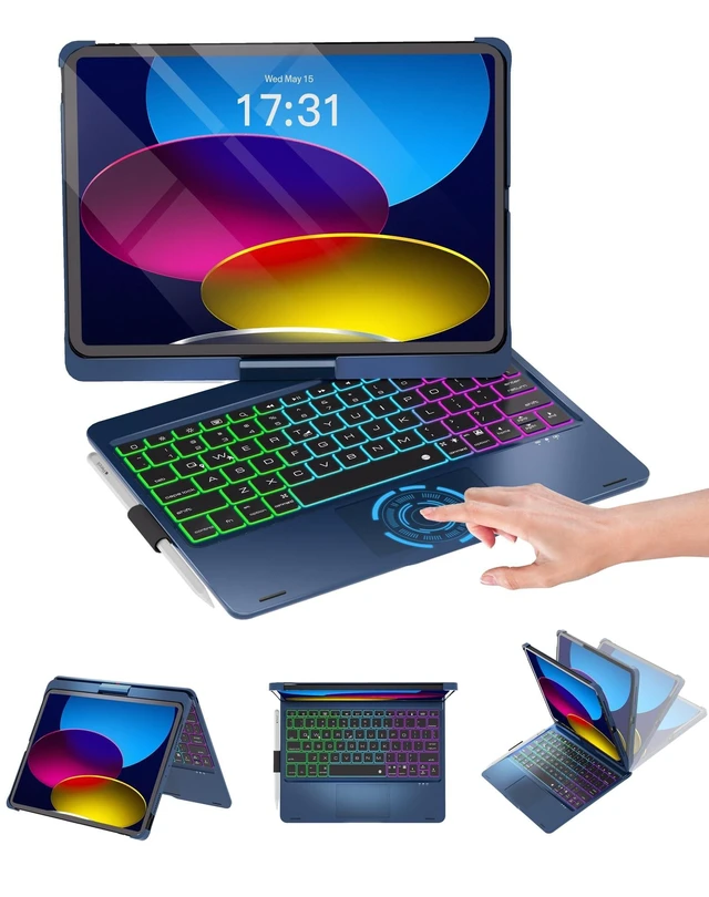 Alt view image 6 of 10 - Baisla iPad 10th Generation Case with Keyboard 10.9"& iPad 11th (A16) & iPad Air 11 (M3/M2), Multi Trackpad, 360 Swivel & Rainbow Backlit for iPad Air 5th/4th,iPad Pro 11 4th/3rd/2nd/1st - Blue