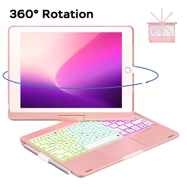 Alt view image 10 of 10 - NOKBABO iPad 9th Generation Case with Keyboard, 360 Rotatable Touchpad and 7 Color Backlight & Pencil Holder for iPad 9th/8th/7th Gen 10.2 inch & iPad Air 3rd Gen/iPad Pro 10.5 inch - Pink Gold