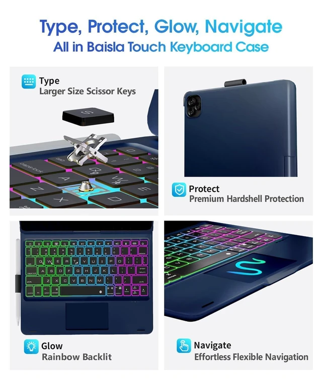 Alt view image 7 of 10 - Baisla iPad 10th Generation Case with Keyboard 10.9"& iPad 11th (A16) & iPad Air 11 (M3/M2), Multi Trackpad, 360 Swivel & Rainbow Backlit for iPad Air 5th/4th,iPad Pro 11 4th/3rd/2nd/1st - Blue