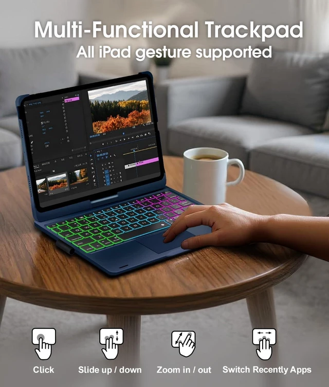 Alt view image 9 of 10 - Baisla iPad 10th Generation Case with Keyboard 10.9"& iPad 11th (A16) & iPad Air 11 (M3/M2), Multi Trackpad, 360 Swivel & Rainbow Backlit for iPad Air 5th/4th,iPad Pro 11 4th/3rd/2nd/1st - Blue