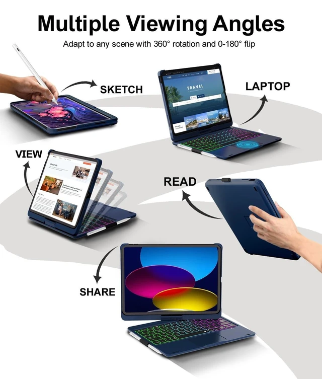 Alt view image 10 of 10 - Baisla iPad 10th Generation Case with Keyboard 10.9"& iPad 11th (A16) & iPad Air 11 (M3/M2), Multi Trackpad, 360 Swivel & Rainbow Backlit for iPad Air 5th/4th,iPad Pro 11 4th/3rd/2nd/1st - Blue