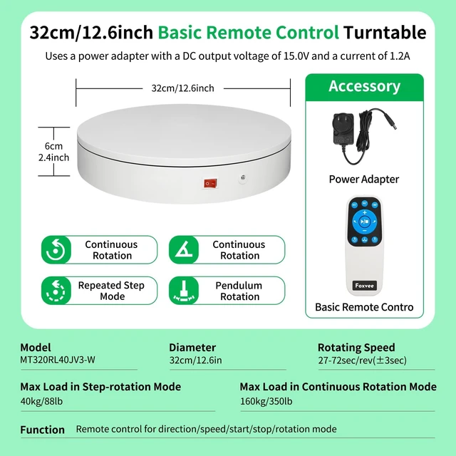Alt view image 7 of 10 - Foxvee Remote-Controlled Motorized Electric Turntable,Rotating Display Stand,Speed-Adjustable Rotating Turntable,Multi-Mode 360 Photography Turntable for 3D Scan,Photography,Showcase(12.6inch/White)