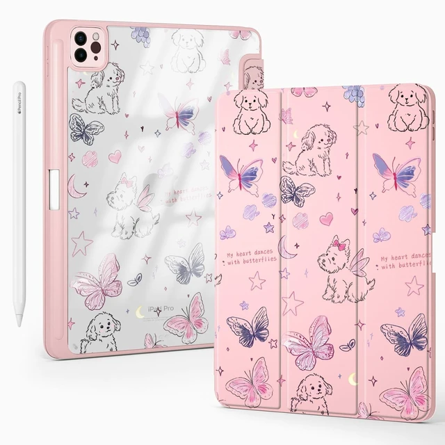 Alt view image 6 of 10 - BlHMCASE Cute Kawaii Puppy Butterfly for iPad Air 11 Inch Case 7th/6th Generation (M3/M2) 2025/2024 with Pencil Holder, Auto Sleep/Wake, Pink Leather Clear Acrylic Back Cover
