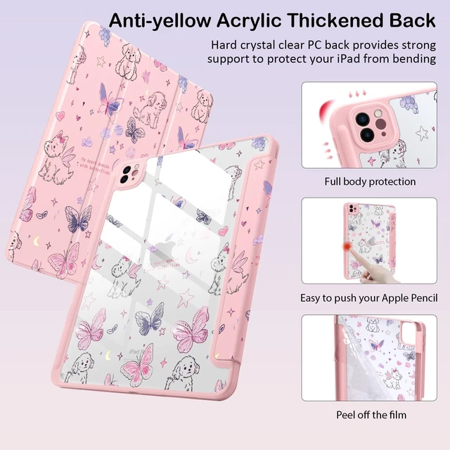 Alt view image 9 of 10 - BlHMCASE Cute Kawaii Puppy Butterfly for iPad Air 11 Inch Case 7th/6th Generation (M3/M2) 2025/2024 with Pencil Holder, Auto Sleep/Wake, Pink Leather Clear Acrylic Back Cover
