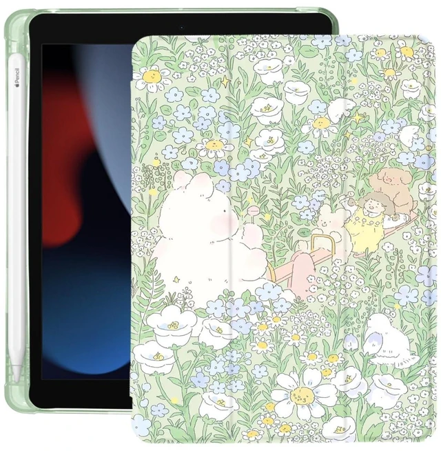 Alt view image 6 of 10 - Cute Kawaii Flower for iPad Air 11 Inch Case 7th/6th Generation (M3/M2) 2025/2024 with Pencil Holder, Auto Sleep/Wake, Green Leather Soft TPU Back Cover