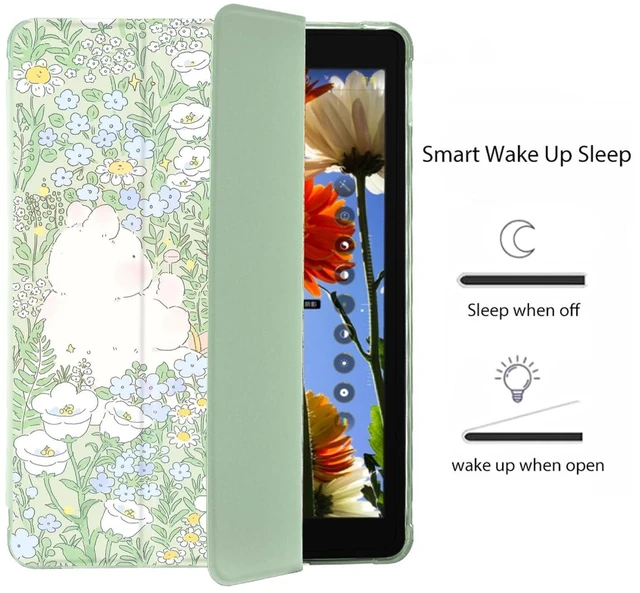 Alt view image 8 of 10 - Cute Kawaii Flower for iPad Air 11 Inch Case 7th/6th Generation (M3/M2) 2025/2024 with Pencil Holder, Auto Sleep/Wake, Green Leather Soft TPU Back Cover