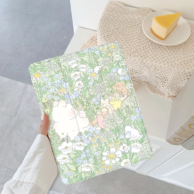 Alt view image 7 of 10 - Cute Kawaii Flower for iPad Air 11 Inch Case 7th/6th Generation (M3/M2) 2025/2024 with Pencil Holder, Auto Sleep/Wake, Green Leather Soft TPU Back Cover