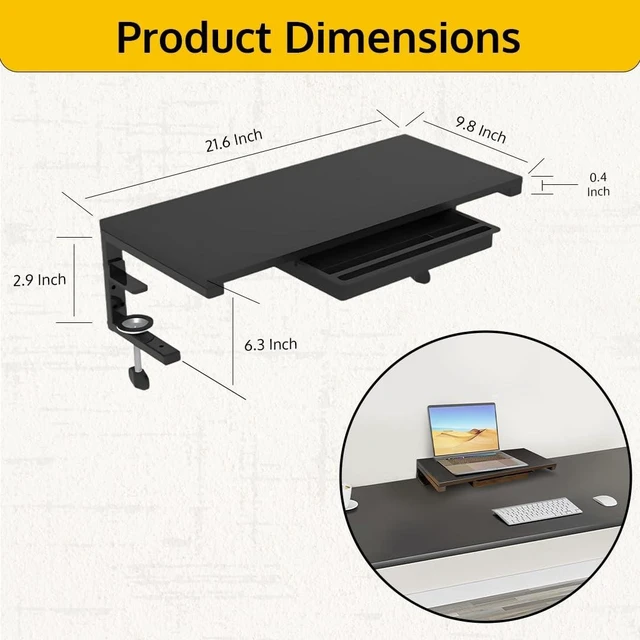 Alt view image 8 of 10 - ThriveHive Ergonomic Clamp-On Laptop and Computer Monitor Riser Stand with Drawer, 21.6 x 9.8 inch - Black ^^Laptop Stand for Desk, Monitor Riser, Desk Organizer, Office Desk Home Workspace