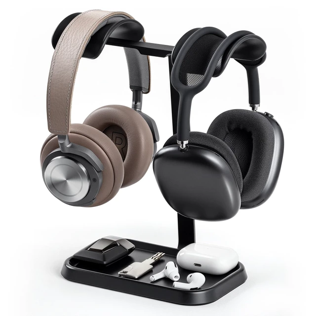 Alt view image 6 of 10 - QinCoon Dual Headphone Stand, Double Balanced Headset Stand with Storage Tray, Heavy Base Gaming Headset Holder for Desk (Black)